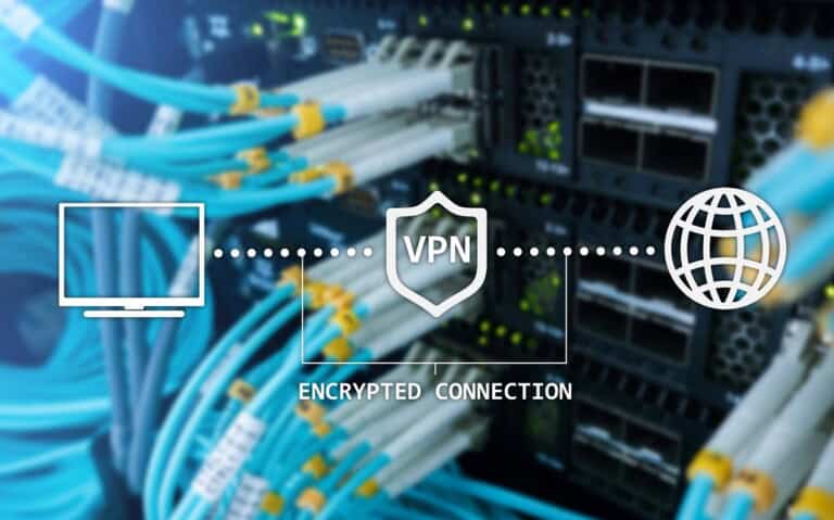 Network hardware stacked in a rack. Overlay of a computer monitor and a globe indicating the internet connected by a dotted line with a badge in the middle that says "VPN". The dotted line and badge are wrapped in the words "Encrypted Connection".