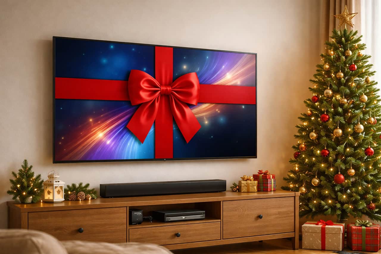 new TV with bow and Christmas tree