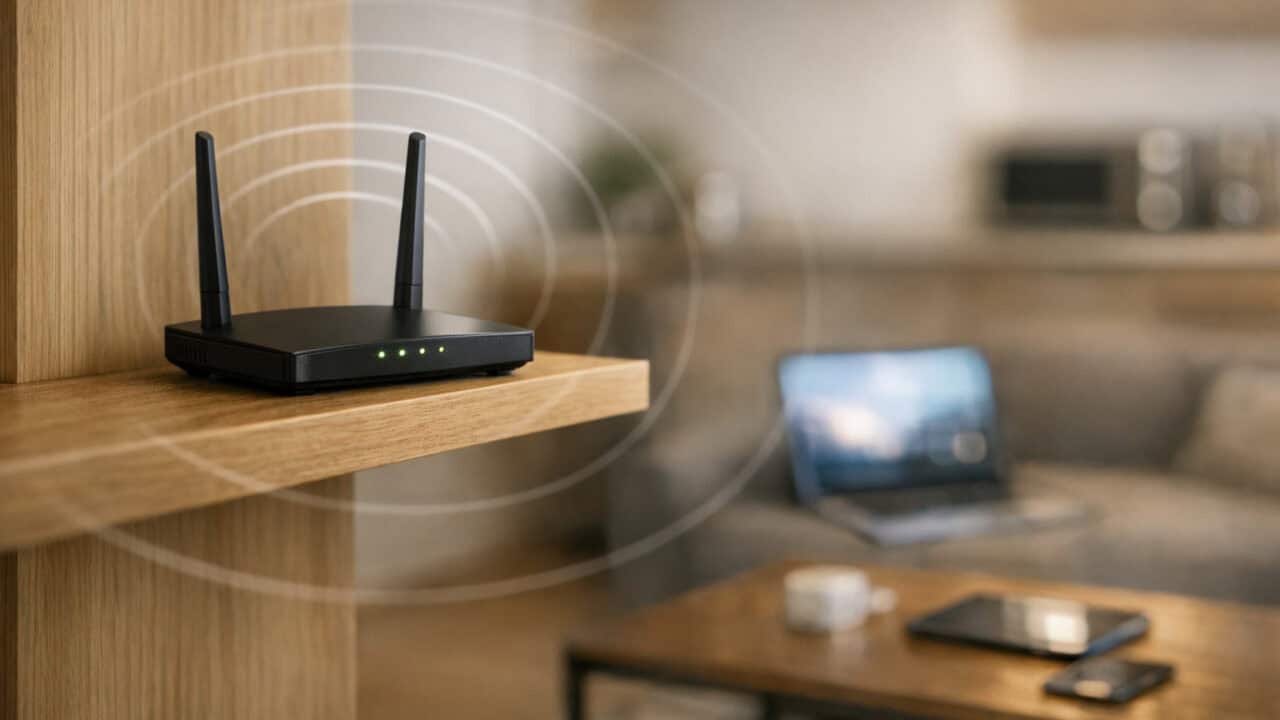 Wi‑Fi router on a high central shelf in a living room with strong signal reaching nearby devices.