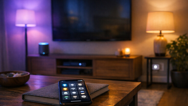 Modern living room with glowing smart devices and a phone showing a smart home control app