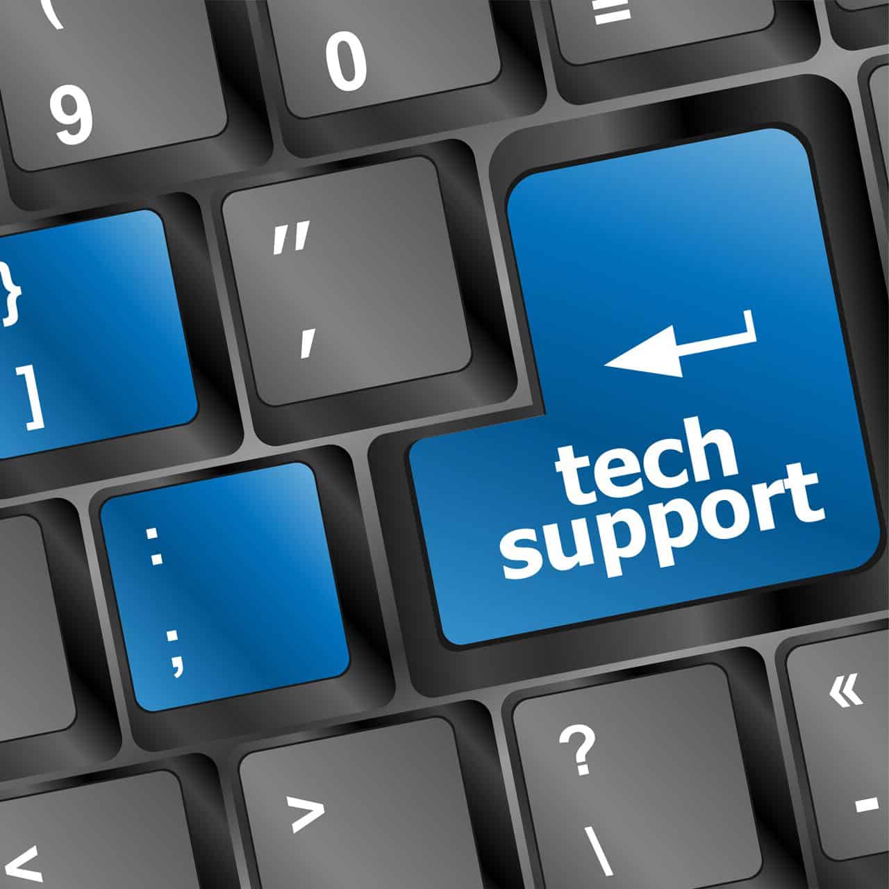 Blue tech support button on a computer keyboard.