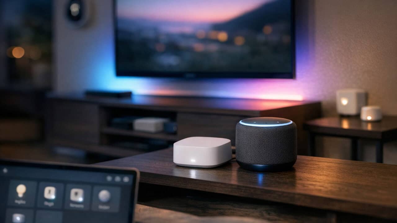 Modern living room with multiple smart home devices connected and controlled from a laptop.
