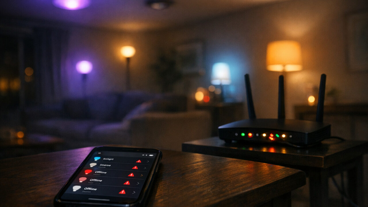 Living room with some smart bulbs lit and others dark beside a Wi‑Fi router with blinking lights.