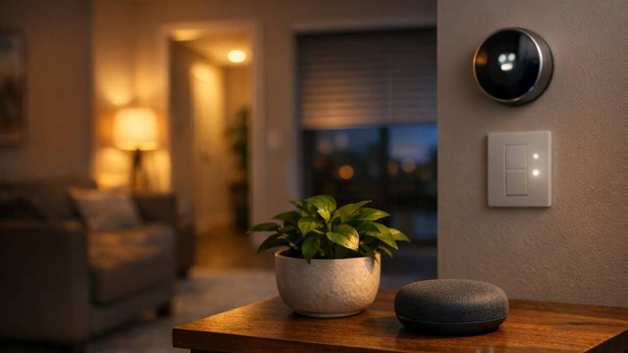 Cozy living room with glowing smart lights, smart speaker, and blinds mid-close hinting at home automation routines.