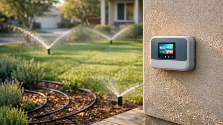Suburban lawn and garden being watered by sprinklers and drip lines controlled by a smart irrigation box.