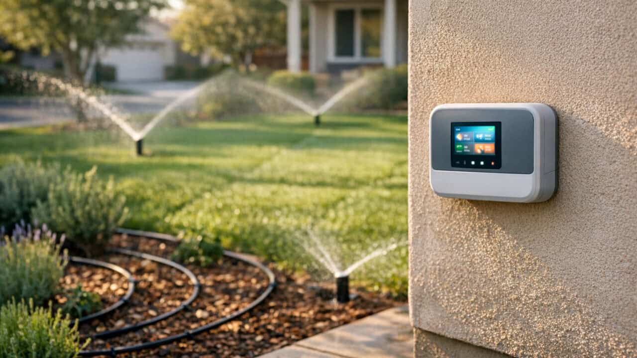Suburban lawn and garden being watered by sprinklers and drip lines controlled by a smart irrigation box.