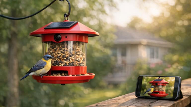 Red solar smart bird feeder with camera as a songbird eats, phone nearby showing its live photo.