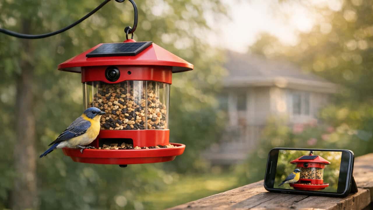 Red solar smart bird feeder with camera as a songbird eats, phone nearby showing its live photo.