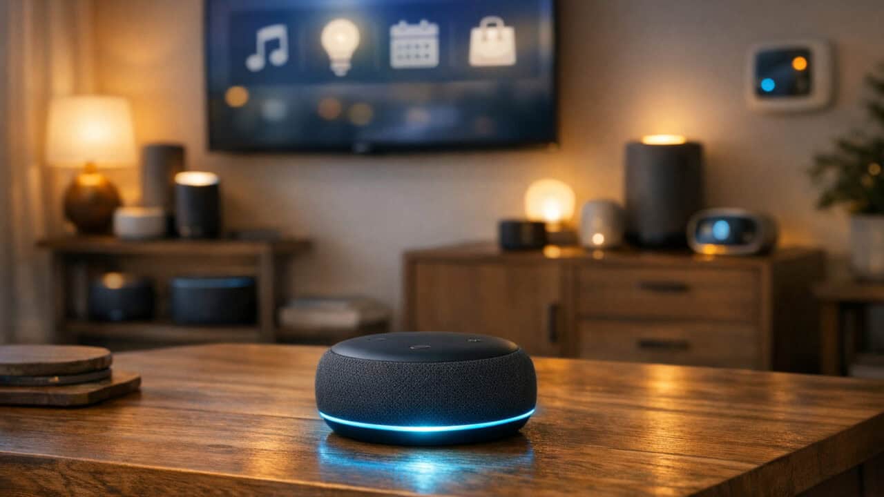 Modern living room with several smart speakers and smart home devices glowing softly.