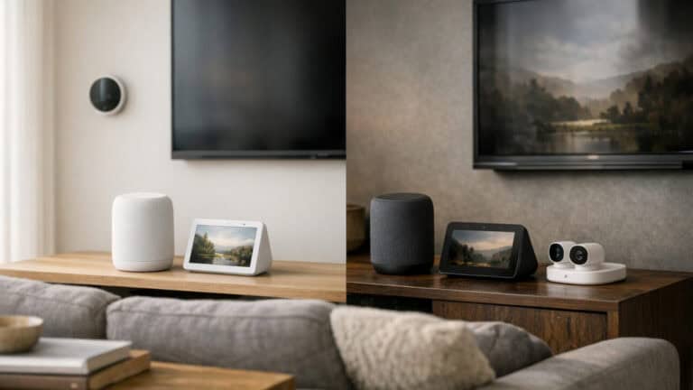 Modern living room with two contrasting smart home hub setups on opposite sides of the TV.