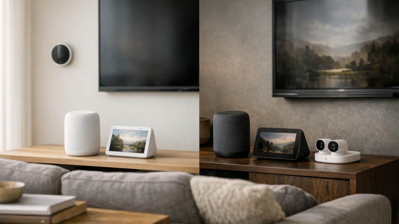 Modern living room with two contrasting smart home hub setups on opposite sides of the TV.