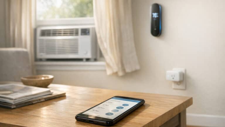 Living room with window AC, smart thermostat, and phone showing AC automation controls.