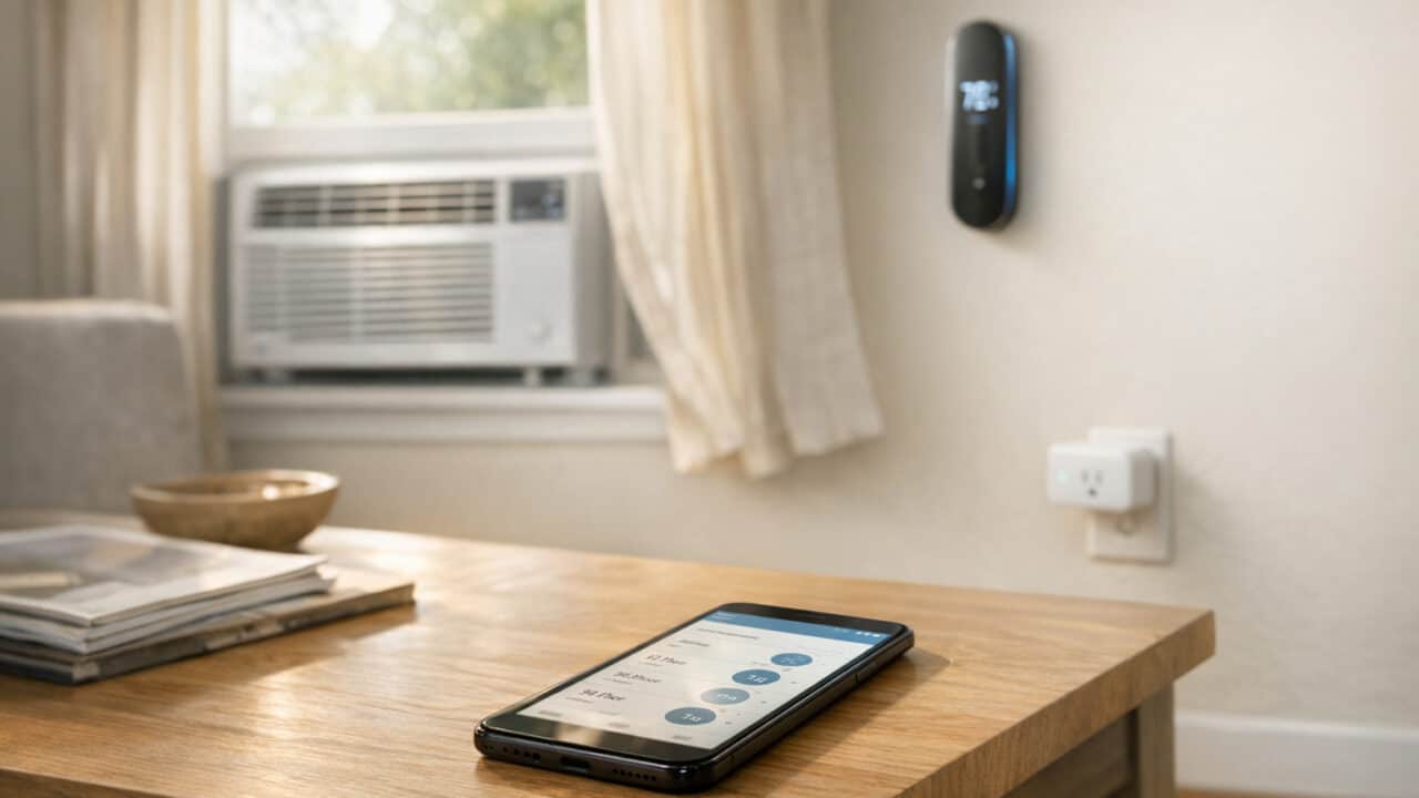 Living room with window AC, smart thermostat, and phone showing AC automation controls.