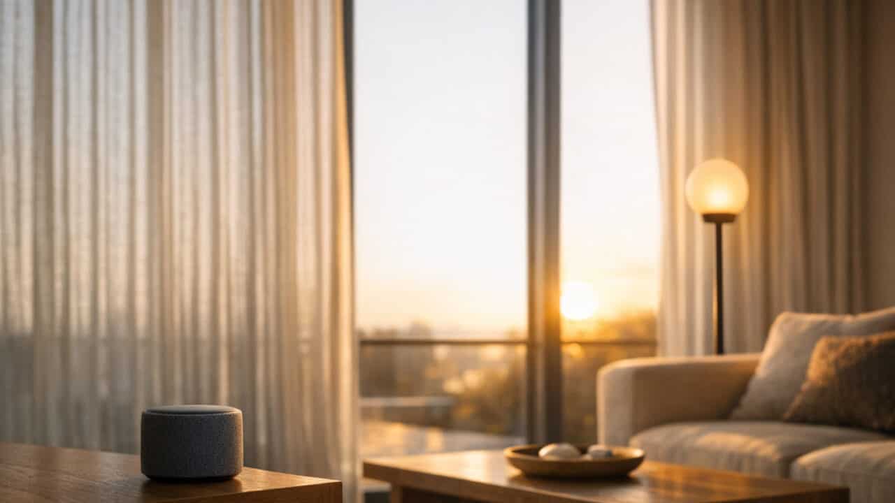 Sunlit living room with motorized curtains partly closed over large windows.