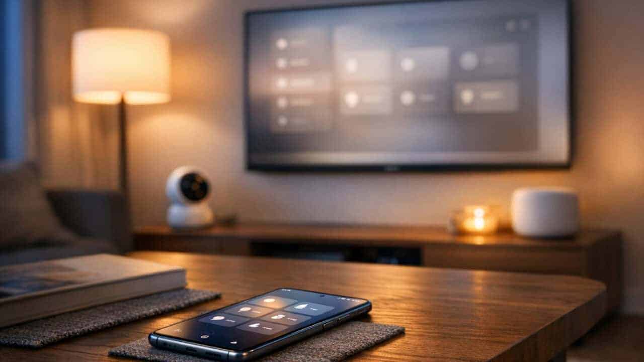 Modern living room with TV and smartphone controlling various smart home devices.
