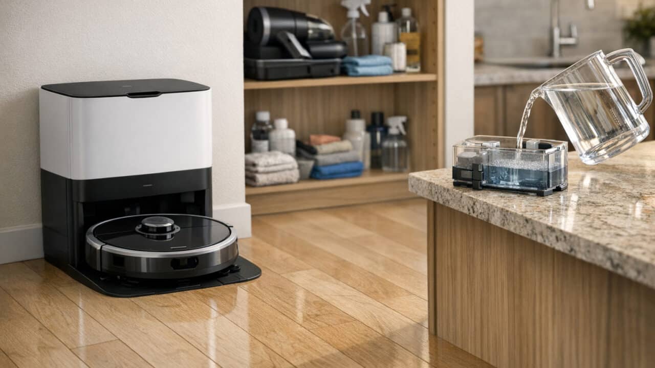 Robot vacuum-mop docked in a clean living room with refilled water tank and tidy cleaning setup nearby.