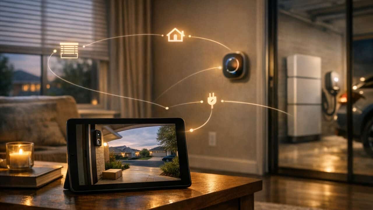 Modern living room with smart camera, blinds, thermostat, and EV charger all linked in a unified smart home setup.