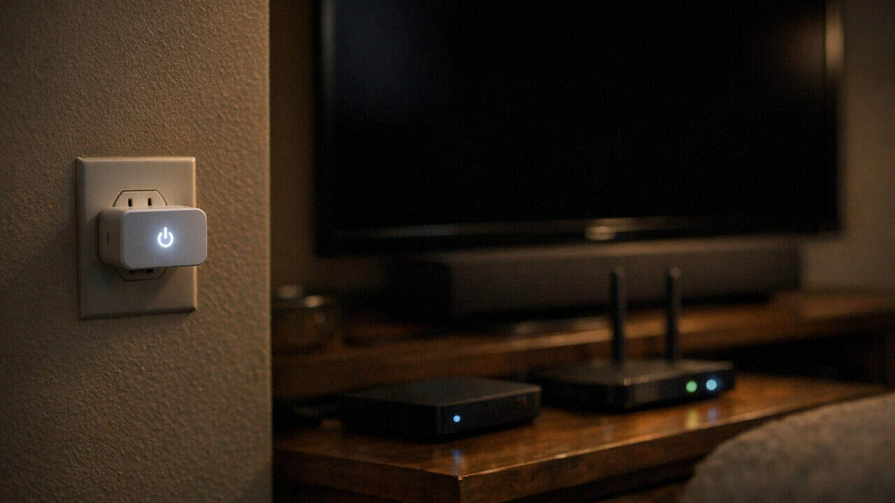 Powered-off living room electronics with a glowing smart plug indicating hidden energy use.