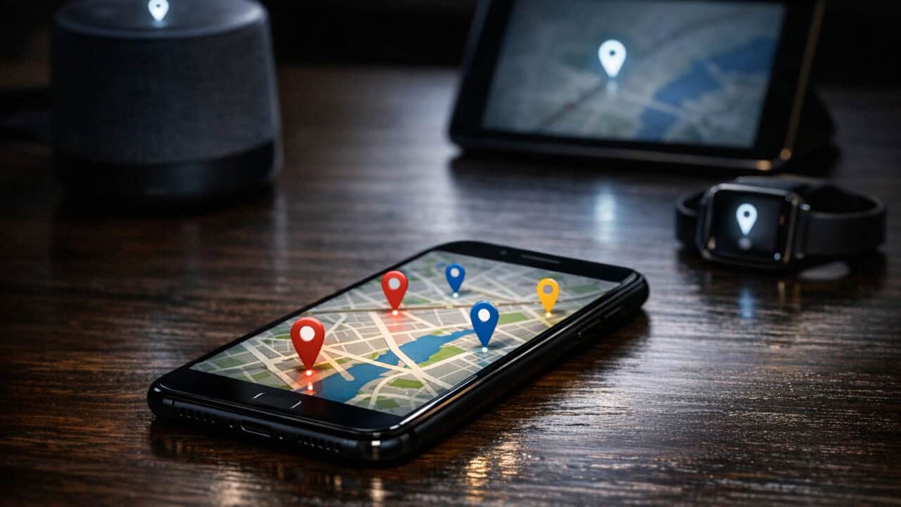 Smartphone on a desk showing a map with many location pins surrounded by glowing smart devices.