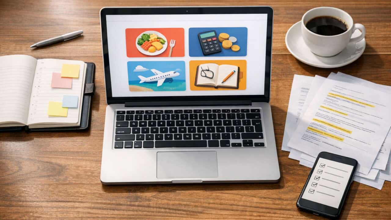 Overhead view of a tidy desk with a laptop and organized papers suggesting streamlined tasks.