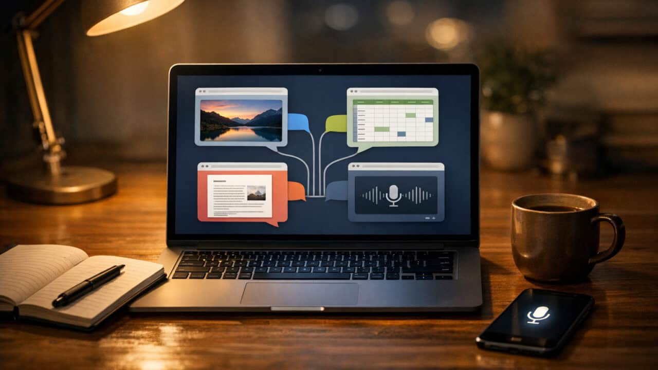 Laptop on a cozy desk showing multiple chat windows with photos, PDFs, and spreadsheets open.