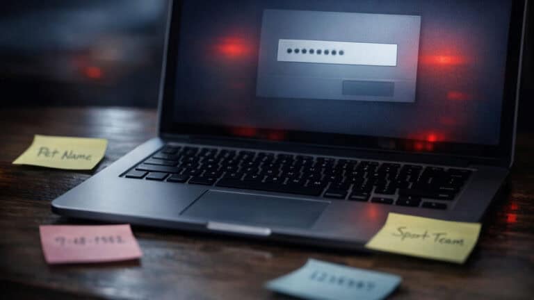 Laptop with a login screen and sticky notes showing weak-looking passwords on a dim desk.