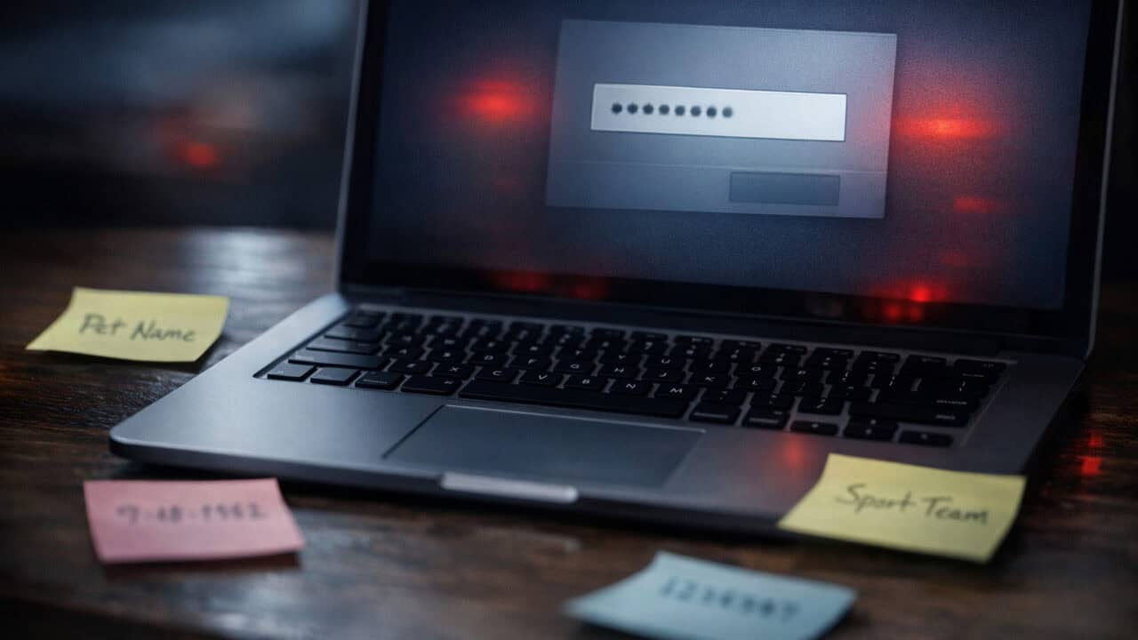 Laptop with a login screen and sticky notes showing weak-looking passwords on a dim desk.