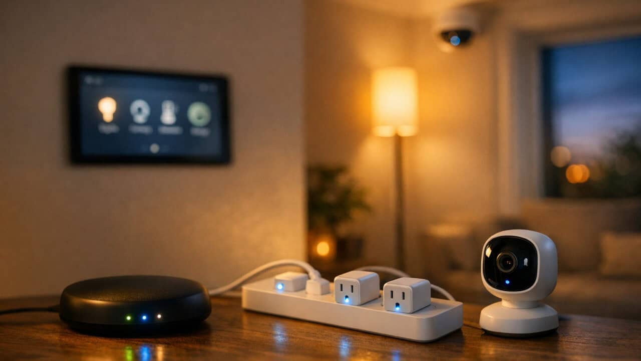 Cozy living room with glowing smart devices and a wall tablet showing a smart home dashboard.