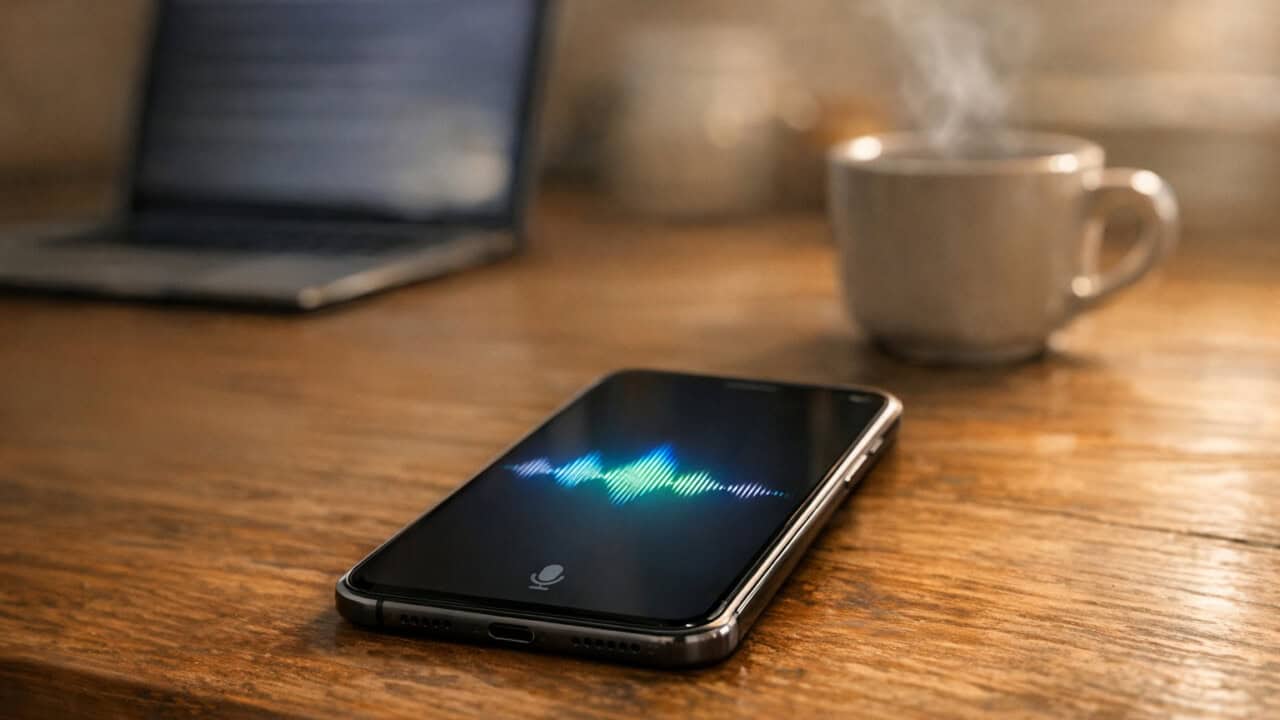Smartphone on a kitchen counter showing a voice conversation with an AI assistant.