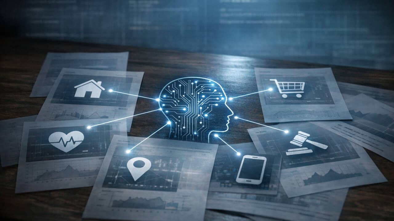 Abstract data icons linked by glowing lines to a central profile outline on a dark desk.