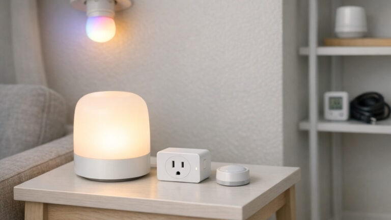 Modern living room with various smart bulbs, plugs, and sensors arranged on IKEA-style furniture.