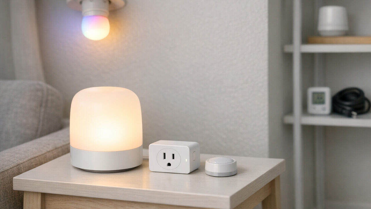 Modern living room with various smart bulbs, plugs, and sensors arranged on IKEA-style furniture.