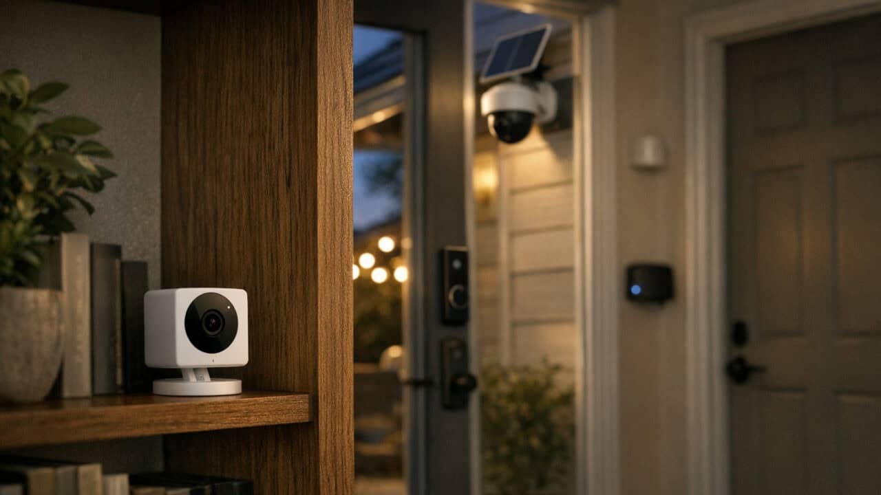 Cozy modern home interior with various smart security devices installed around doors and windows.
