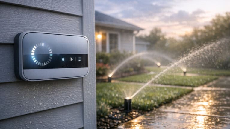 Smart sprinkler controller on a house wall watering a green, multi-zone lawn.