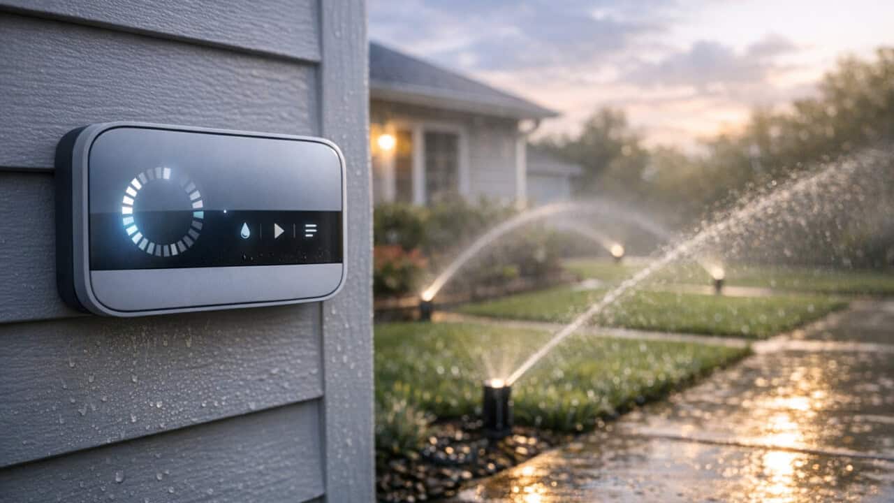 Smart sprinkler controller on a house wall watering a green, multi-zone lawn.