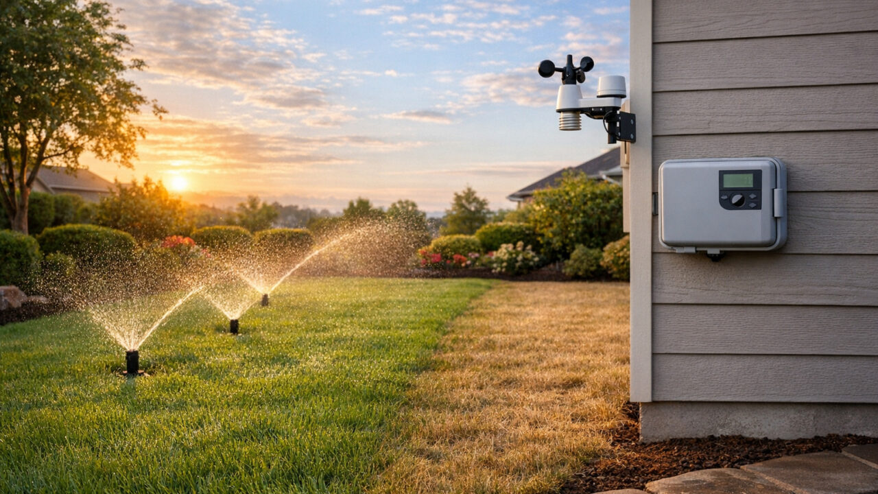 Suburban lawn partly watered by sprinklers with a small weather-linked irrigation controller on the house.