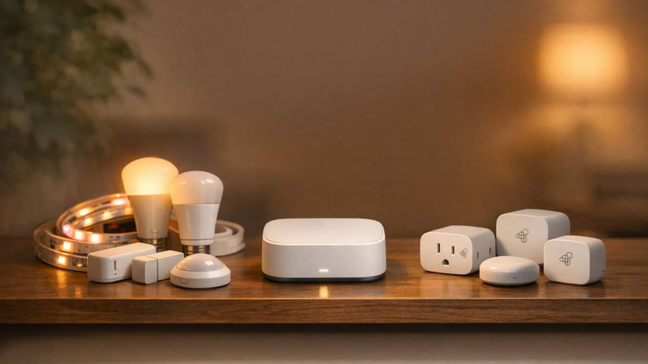 Smart home hub on a shelf flanked by older Zigbee-style devices and newer Thread-style gadgets.
