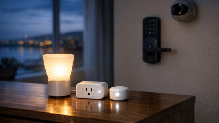 Smart lights and plugs glowing on a console table while a dim smart lock and camera sit in shadow.