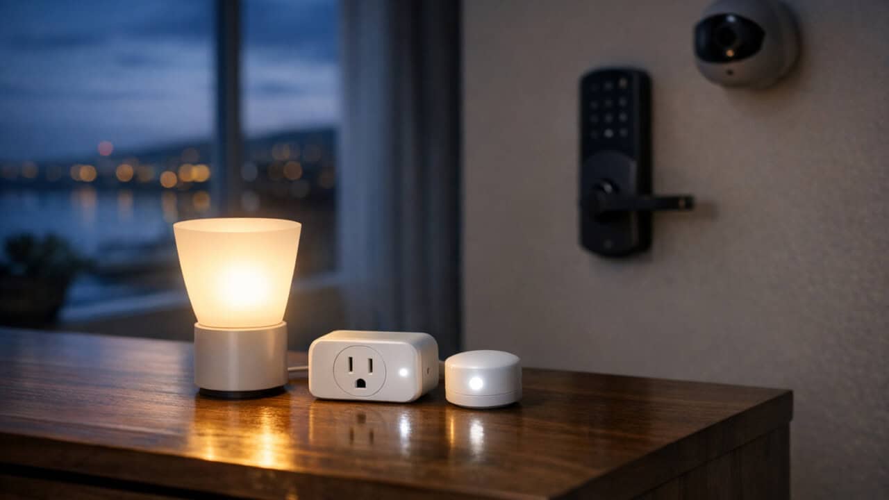 Smart lights and plugs glowing on a console table while a dim smart lock and camera sit in shadow.