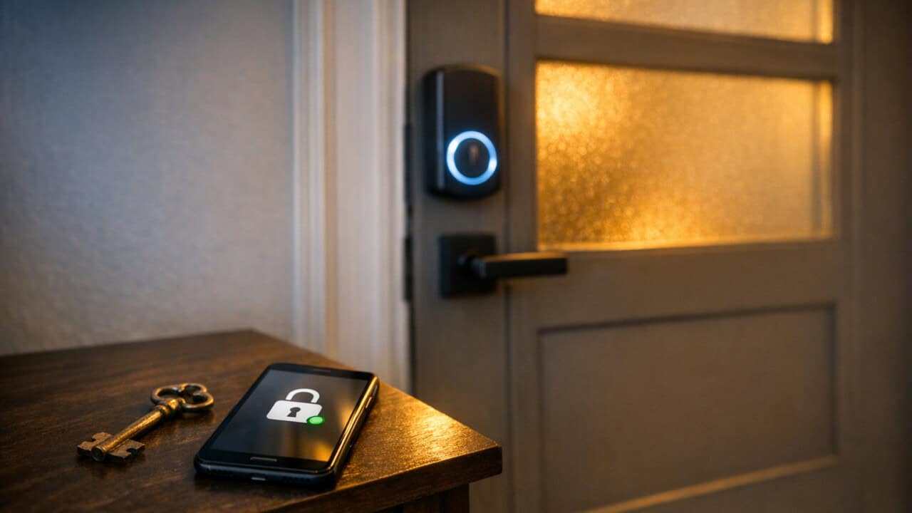 Front door with glowing smart lock, idle metal key on table, and phone showing the door unlocked.