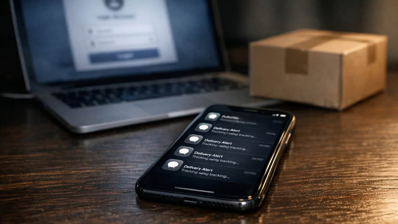 Smartphone showing suspicious delivery texts beside a package and laptop on a desk