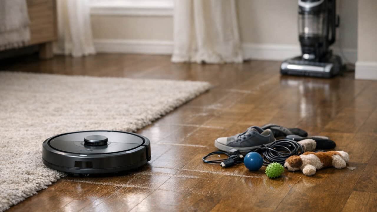 Robot vacuum paused near clutter in a living room with an upright vacuum in the corner.