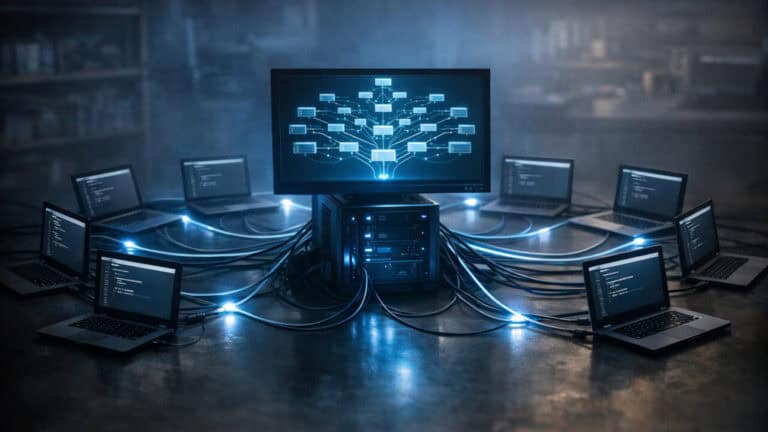 Central computer orchestrating a ring of smaller workstations connected by light trails.