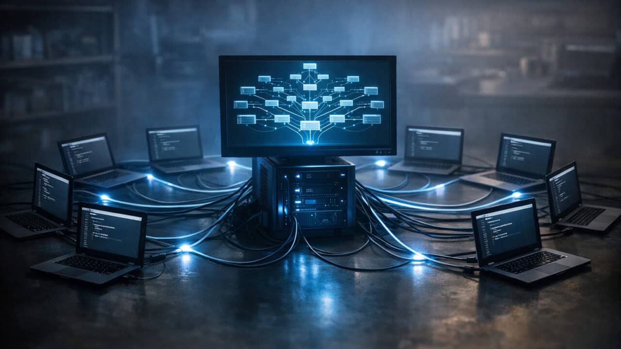 Central computer orchestrating a ring of smaller workstations connected by light trails.