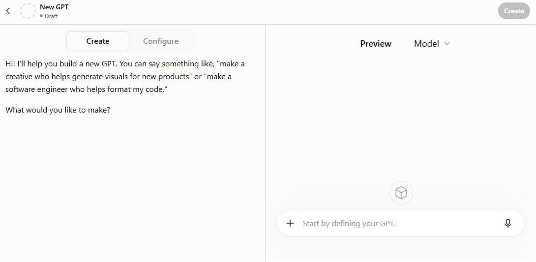 ChatGPT's interface to create a custom GPT
