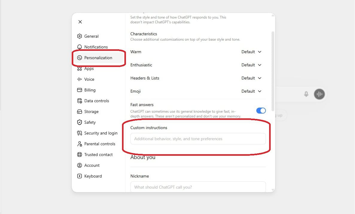 ChatGPT personalization panel showing Custom Instructions setting.