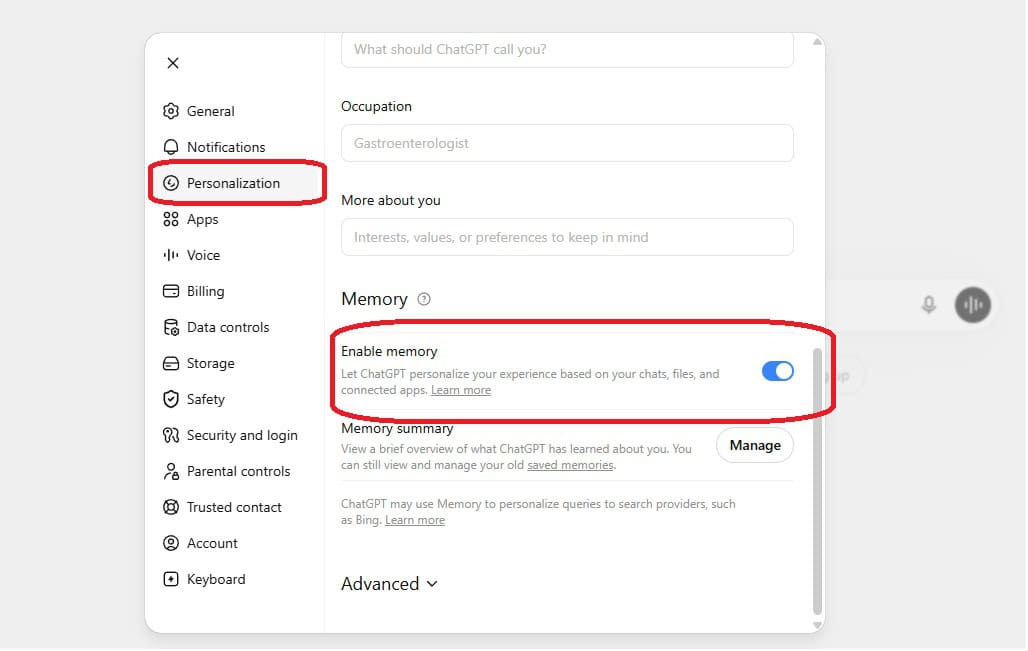 Screenshot of ChatGPT - preferences - enable memory
