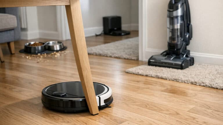 Robot vacuum cleaning crumbs on a wood floor while an upright vacuum stands by a nearby rug.