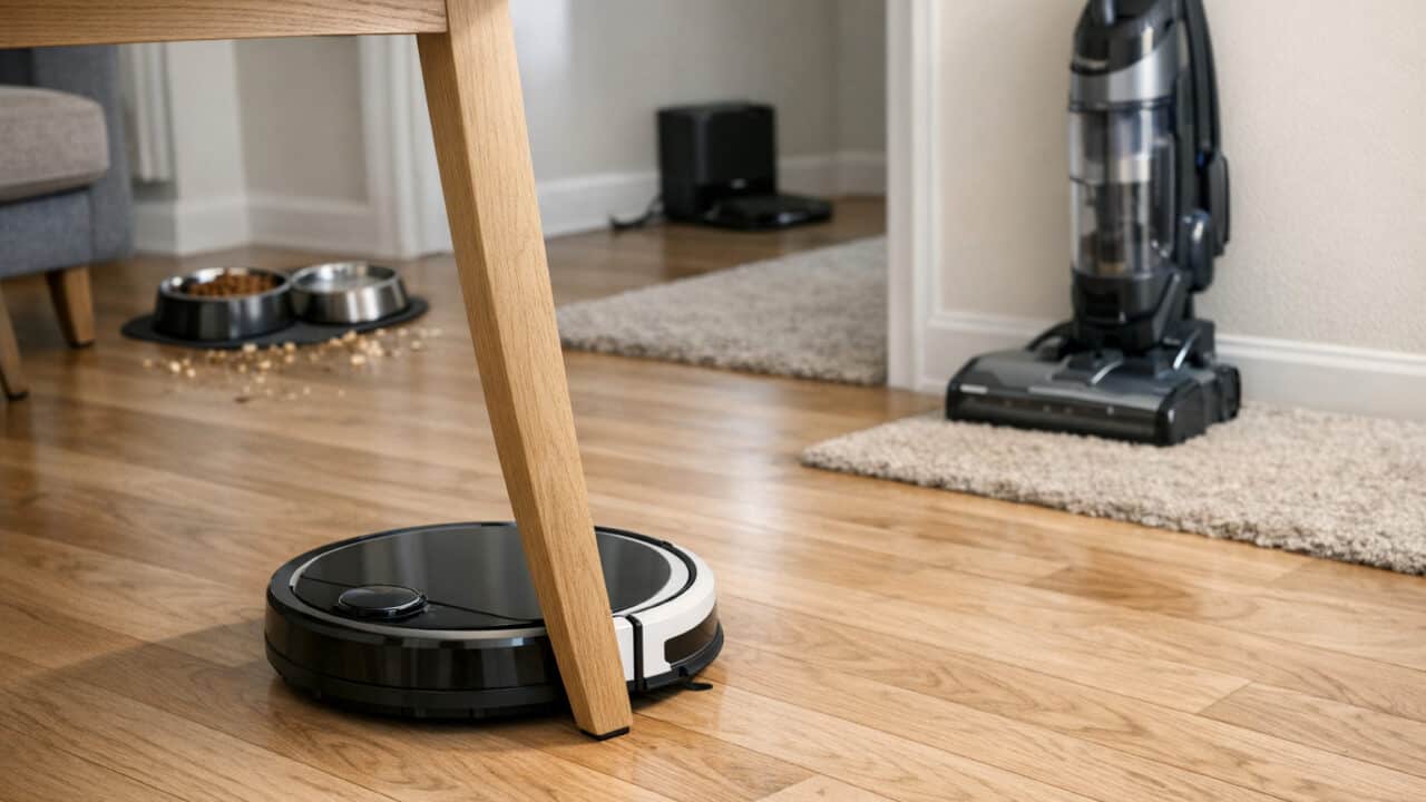 Robot vacuum cleaning crumbs on a wood floor while an upright vacuum stands by a nearby rug.