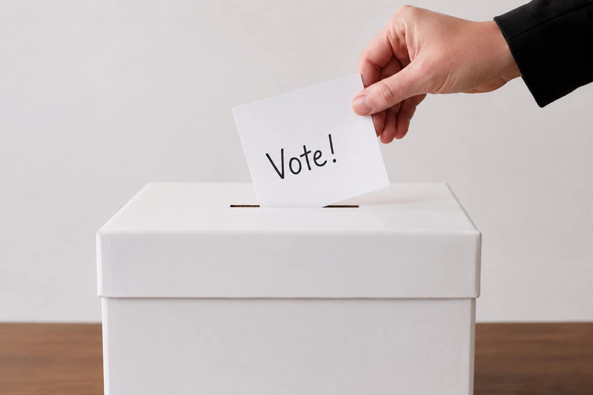 Hand putting a ballot that says Vote in a box